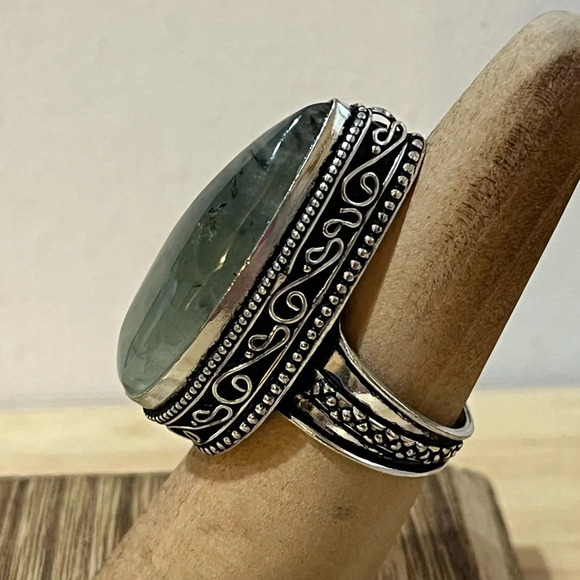 925 STAMPED STERLING SILVER OVERLAY PREHNITE GEMSTONE SIZE 7.75 - Picture 2 of 8